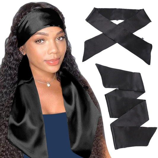 XTREND Lot de 2 foulards en satin pour femme, 147 cm, en soie, antidérapant, pour le yoga, le maquillage, le visage, le sport (2 pièces, noir)