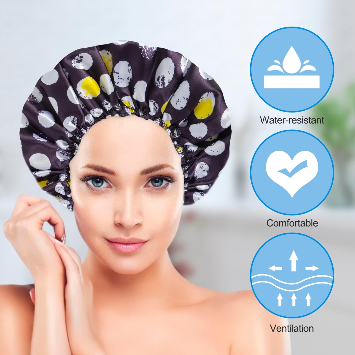 Shower Cap for Women Set of 4, Bath Caps, Double Layers Hair Caps + 2 Satin Hair Scrunchies, Reusable Waterproof Shower Caps, Elastic Hair Cap for Shower