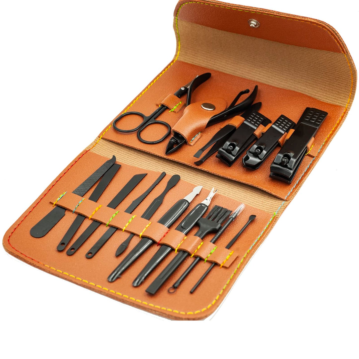 Nail Clipper Set, 16PCS Manicure Set Fingernail Clippers Kit Black Stainless Steel Pedicure and Manicure Kit with Brown PU Leather Case