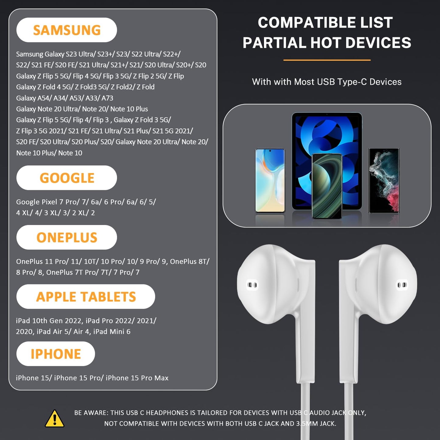 USB C Headphones Type C Earbuds for iPhone 15/16 Pro/ 15 Pro/ 15 Pro Max Samsung S24 Headphones with Microphone Noise Isolation Stereo Wired Earphones for Samsung Galaxy S22 S23 Pixel 7a 8 Android