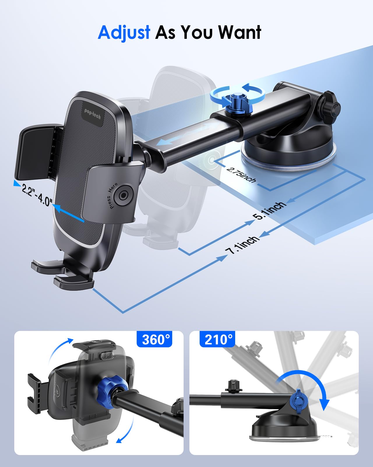 Support de téléphone pop-tech pour voiture, [aspiration de qualité militaire] Support de téléphone portable universel pour tableau de bord, pare-brise, fenêtre, support automobile adapté pour iPhone, Samsung, tous les smartphones avec étui épais