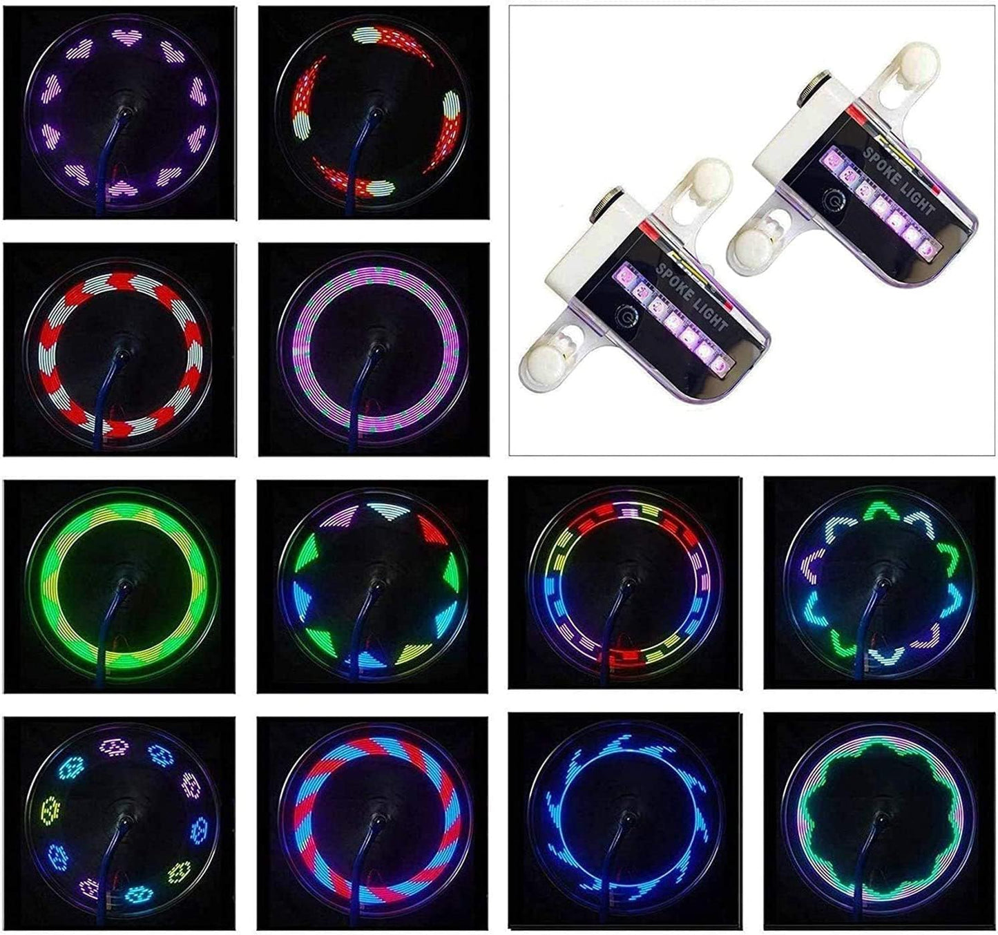 Feux de roue de vélo (lot de 2) – Feux de rayons de vélo à LED étanches – Feux de sécurité pour pneus – Excellent cadeau pour enfants et adultes – 30 motifs différents – Accessoires de vélo – Noir