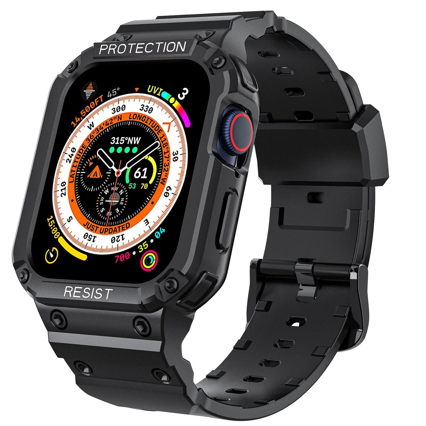 For Apple Watch SE SE2 Series 9/8/7/6/5/4/3/2/1 45/44/42mm Band with Case, Men Sport Rugged Silicone Adjustable Band Strap with Protective Case Smartwatch Protector (Black Anti-Scratch)