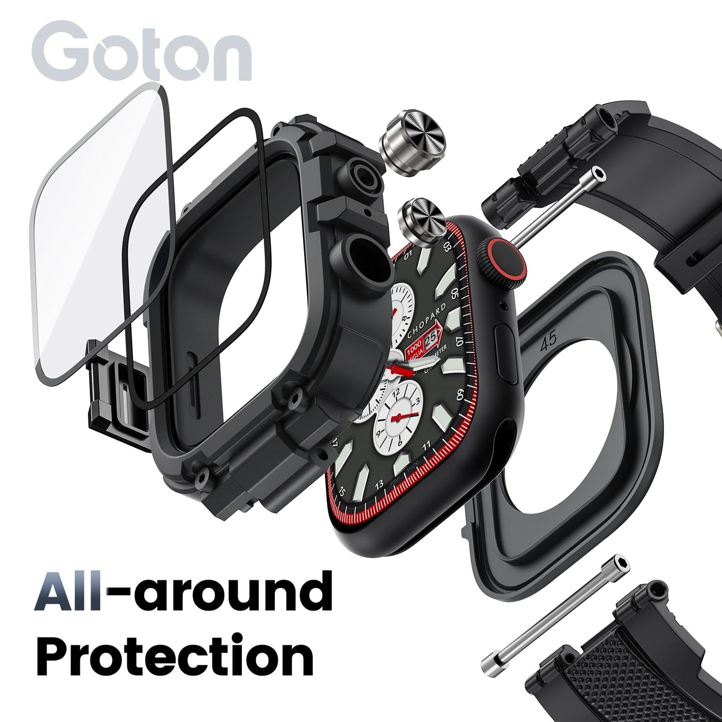 Goton IP68 Waterproof Band Compatible for Apple Watch Bands 45mm with Case - Series 9 8 7 for Men, Heavy Duty Rugged Sport Strap with Screen Protector & Back Cover for iWatch Accessories