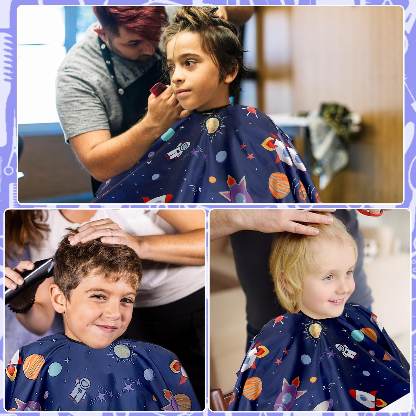 Capa de corte de pelo para niños de FEBSNOW, capa de peluquero profesional para niños y cepillo para el cuello, delantal de peluquería de dibujos animados con cierre ajustable para niños, suministros de peluquería para niños y adultos, 55 x 39 pulgadas