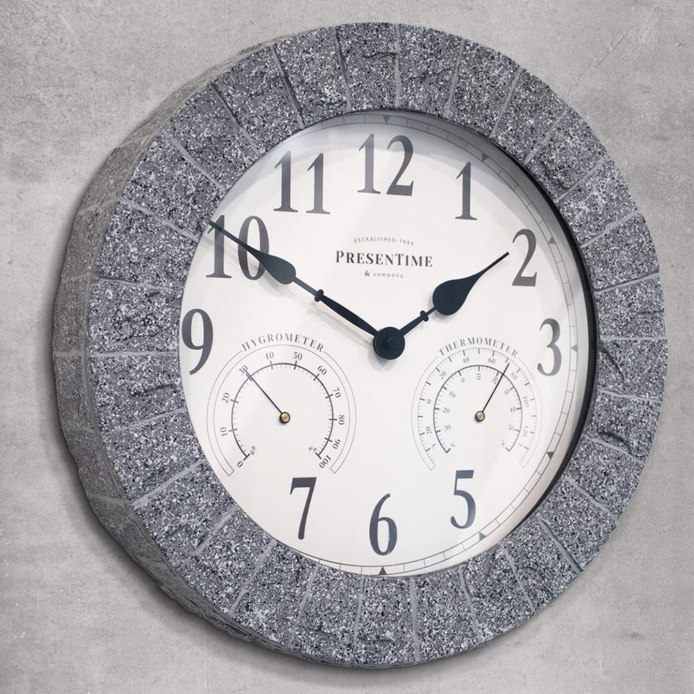 Horloge extérieure en grès Presentime &amp; Co avec thermomètre et hygromètre comme station météo tout-en-un, 14", finition grès gris. Thermomètre météo, décoration extérieure, décoration murale.