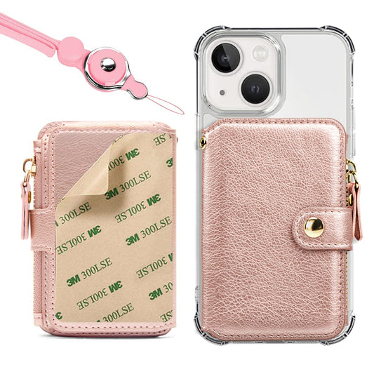 M-Plateau Bifold Wallet Women，Card Holder for Phone Case Durable Leather ID Window Slot Design,Sticky Phone Wallet Attached One Removeable Phone Lanyard. Rose Pink