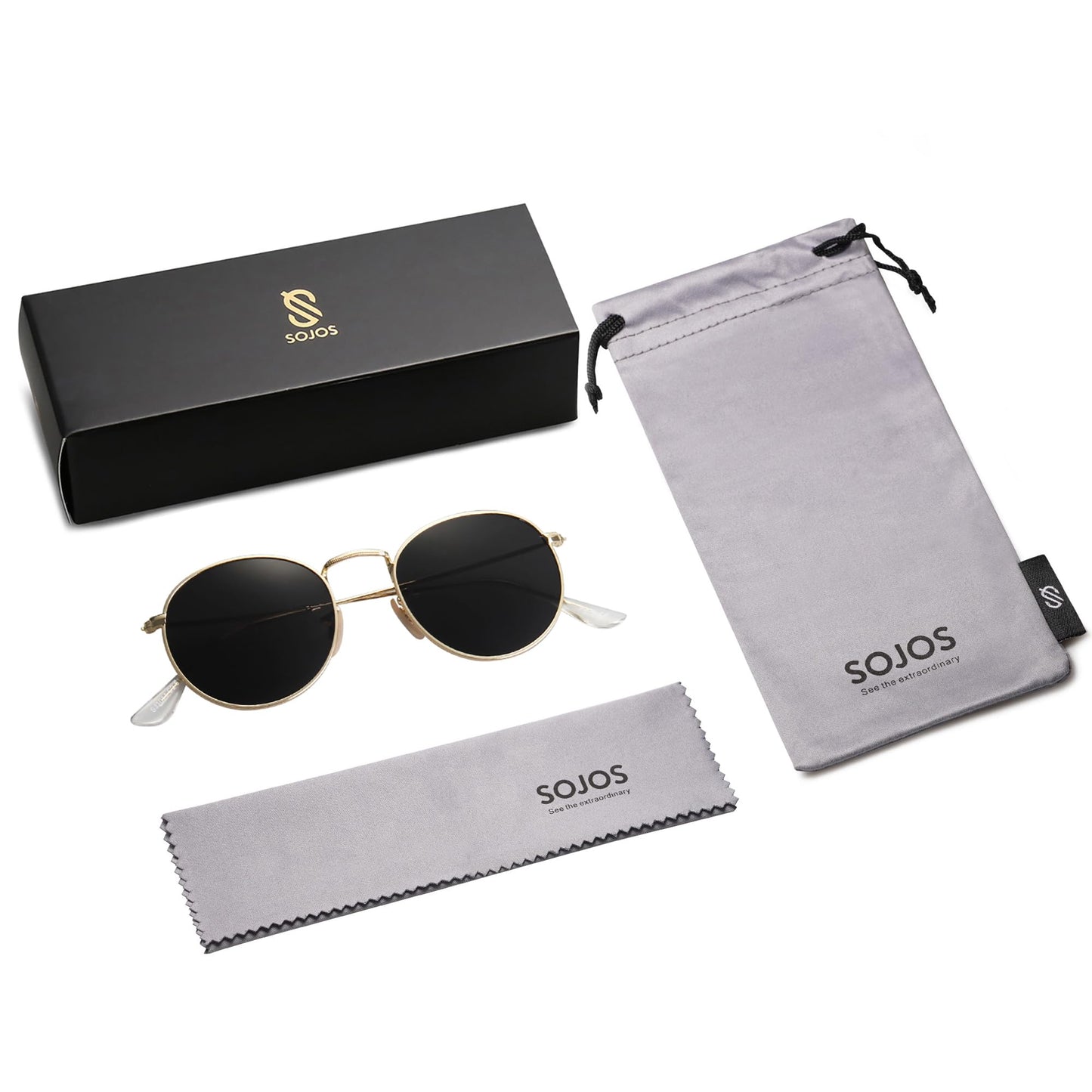 SOJOS Small Round Polarized Sunglasses for Women Men Classic Vintage Retro Shades UV400 SJ1014, Gold/Grey