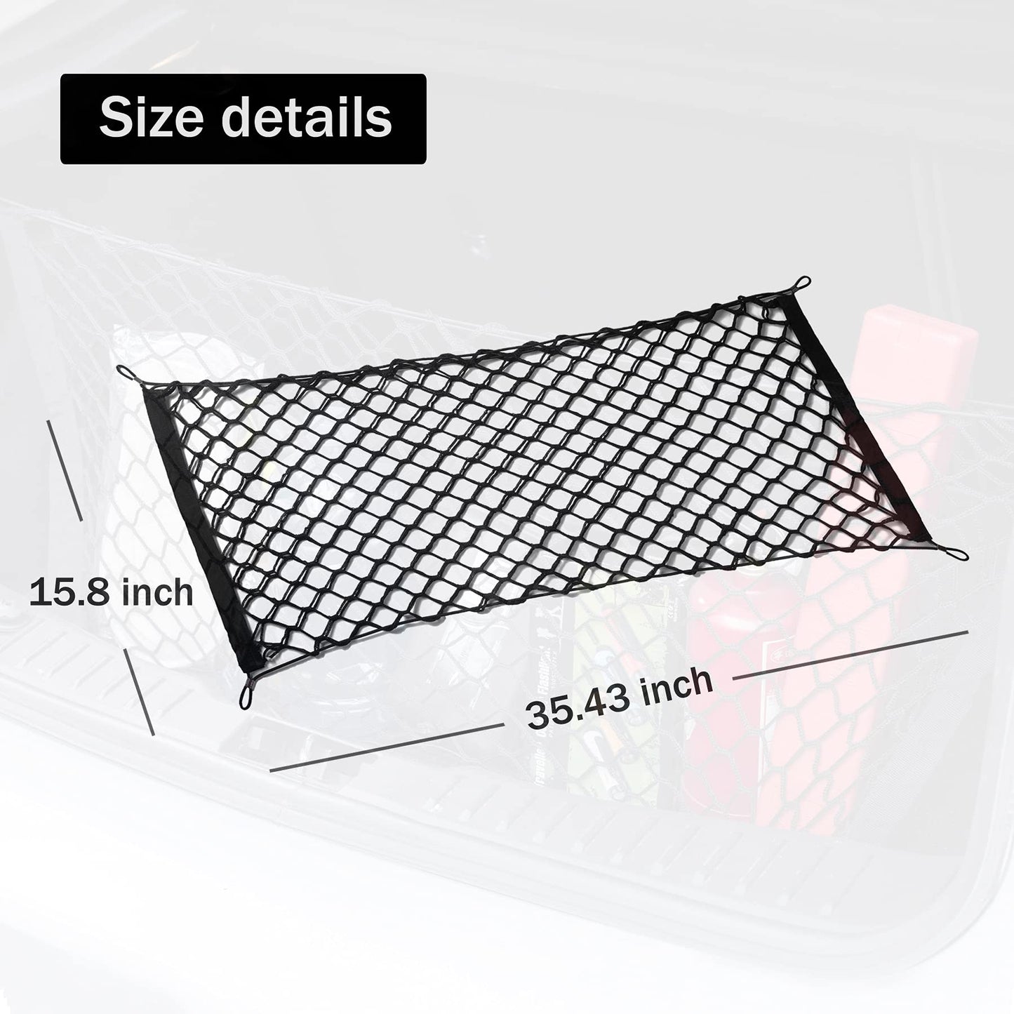 Amiss Cargo Net Stretchable, Car Exterior Accessories, Adjustable Elastic Trunk Storage Net with Hook for SUVs, Cars and Trucks (35.4x15.8 Inch)