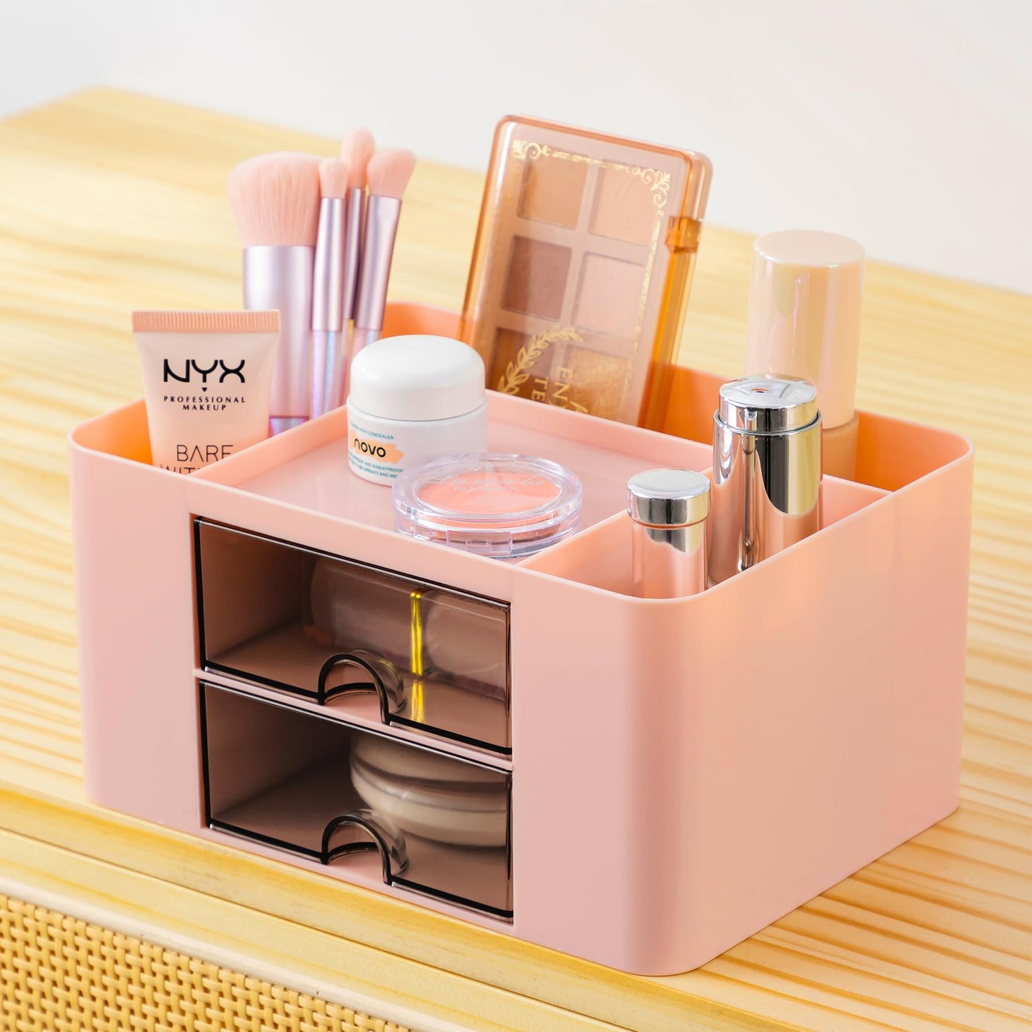 Organiseur de bureau Moikiwi avec 2 tiroirs, organisateur de fournitures de bureau pour bureau, accessoires de bureau mignons avec plastique, porte-stylo pour comptoir de bureau, rose