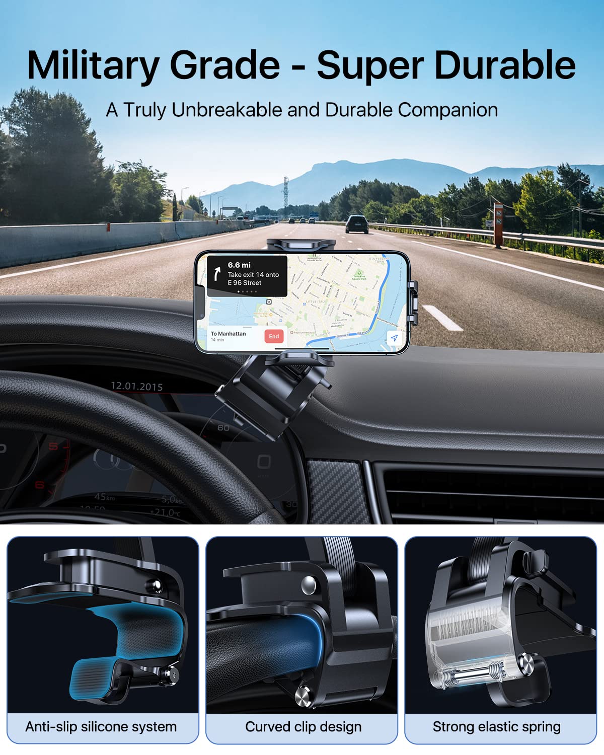 andobil Universal Car Phone Clip Holder [Military Sturdy, Firmly Grip & Never Slip] Ultra Stable Dashboard Cell Phone Mount for Car Dash Fits All iPhone 16 15 14 13 12 Pro Max Android Samsung GPS