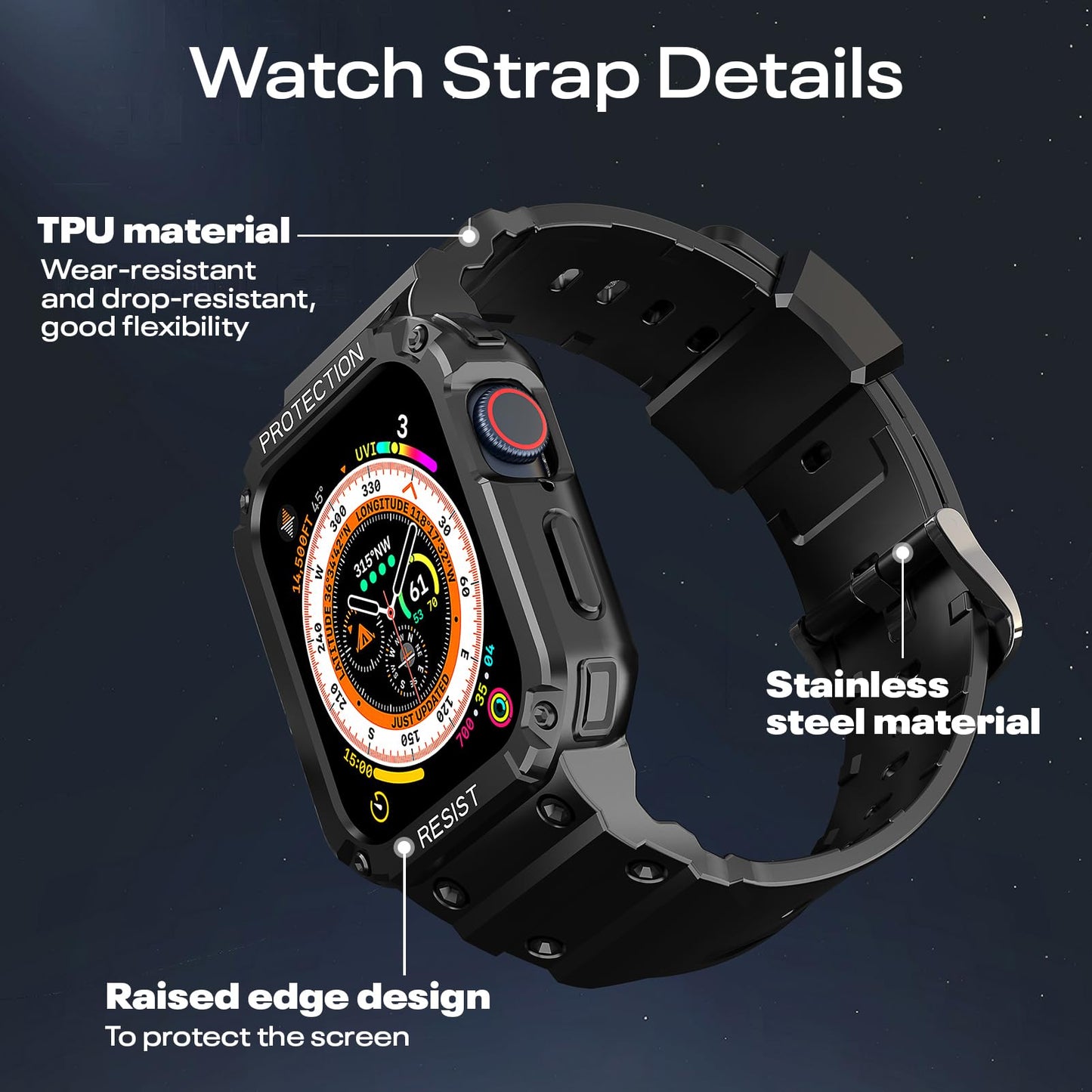 For Apple Watch SE SE2 Series 9/8/7/6/5/4/3/2/1 45/44/42mm Band with Case, Men Sport Rugged Silicone Adjustable Band Strap with Protective Case Smartwatch Protector (Black Anti-Scratch)