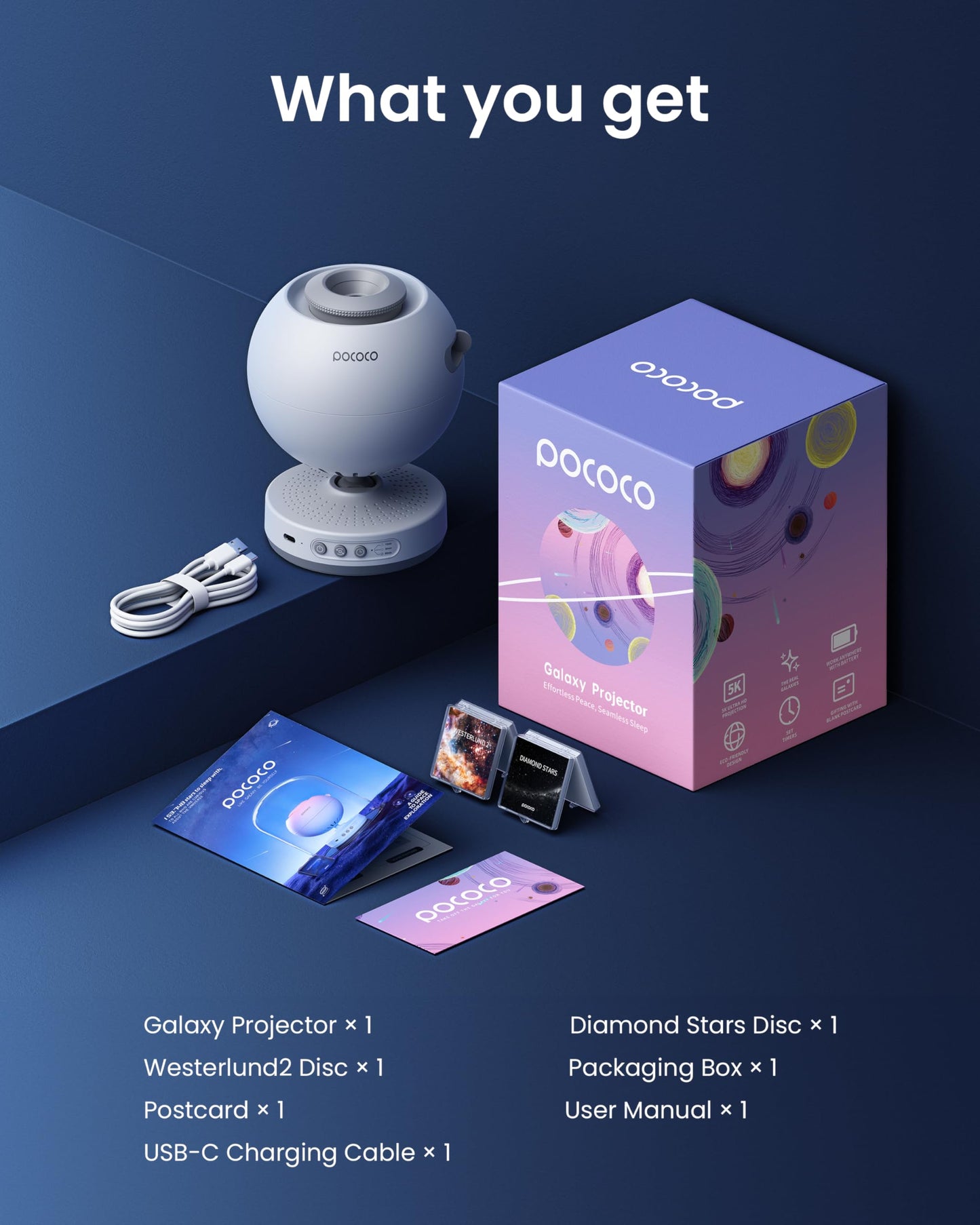 POCOCO Proyector Galaxy Star para dormitorio con discos de película óptica reemplazables, proyector de luz nocturna planetaria para el hogar con luz suave de alta definición para relajarse, estudiar y meditar, regalos para aliviar el estrés