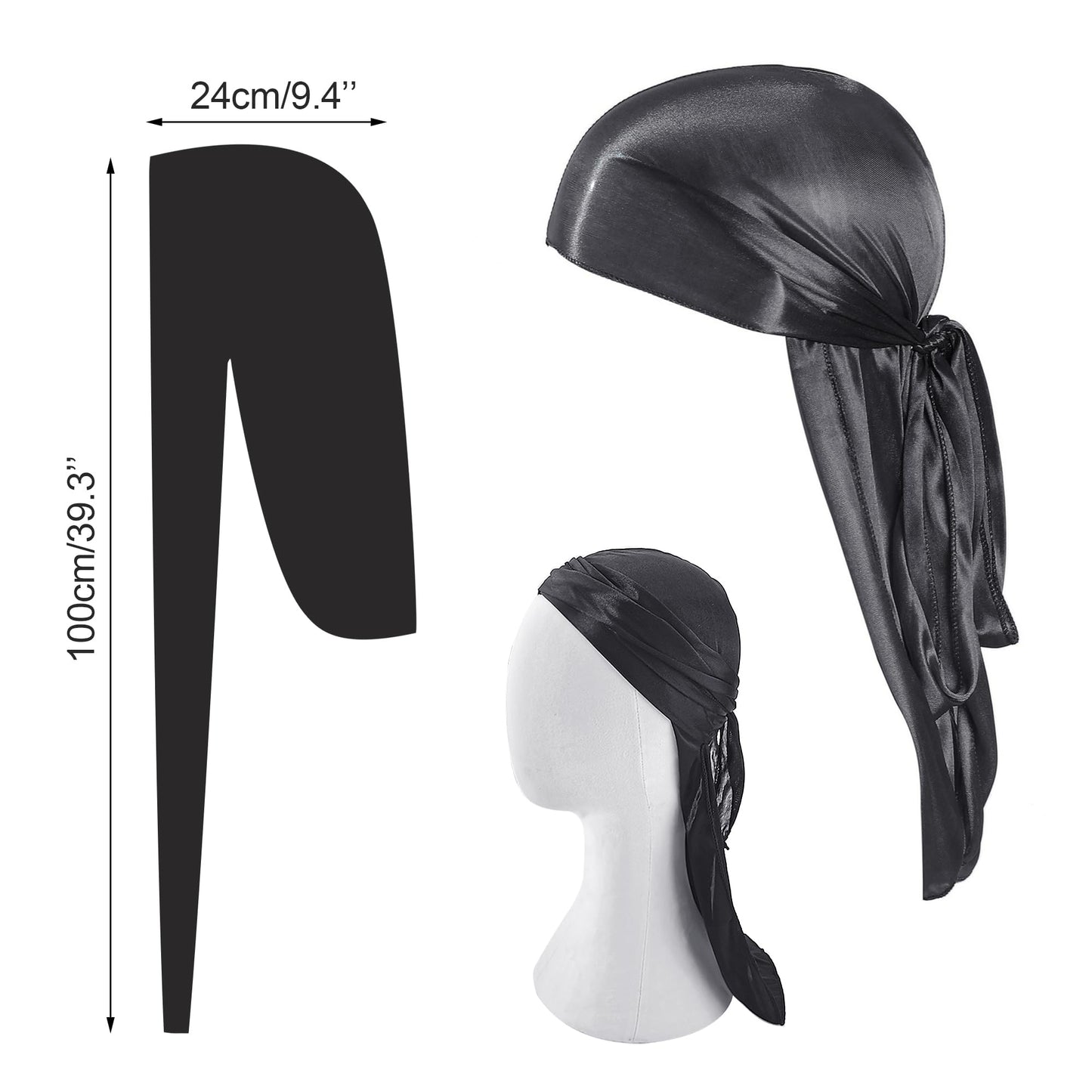 Medsuo Black Silky Durag Cap Head Wrap Ultra-Soft Breathable Wrinkle Free Satin Durag for 360 Waves, Braids, Locs, Wide Long Tail Doo Rag Premium Silk Du Rag for Men and Women