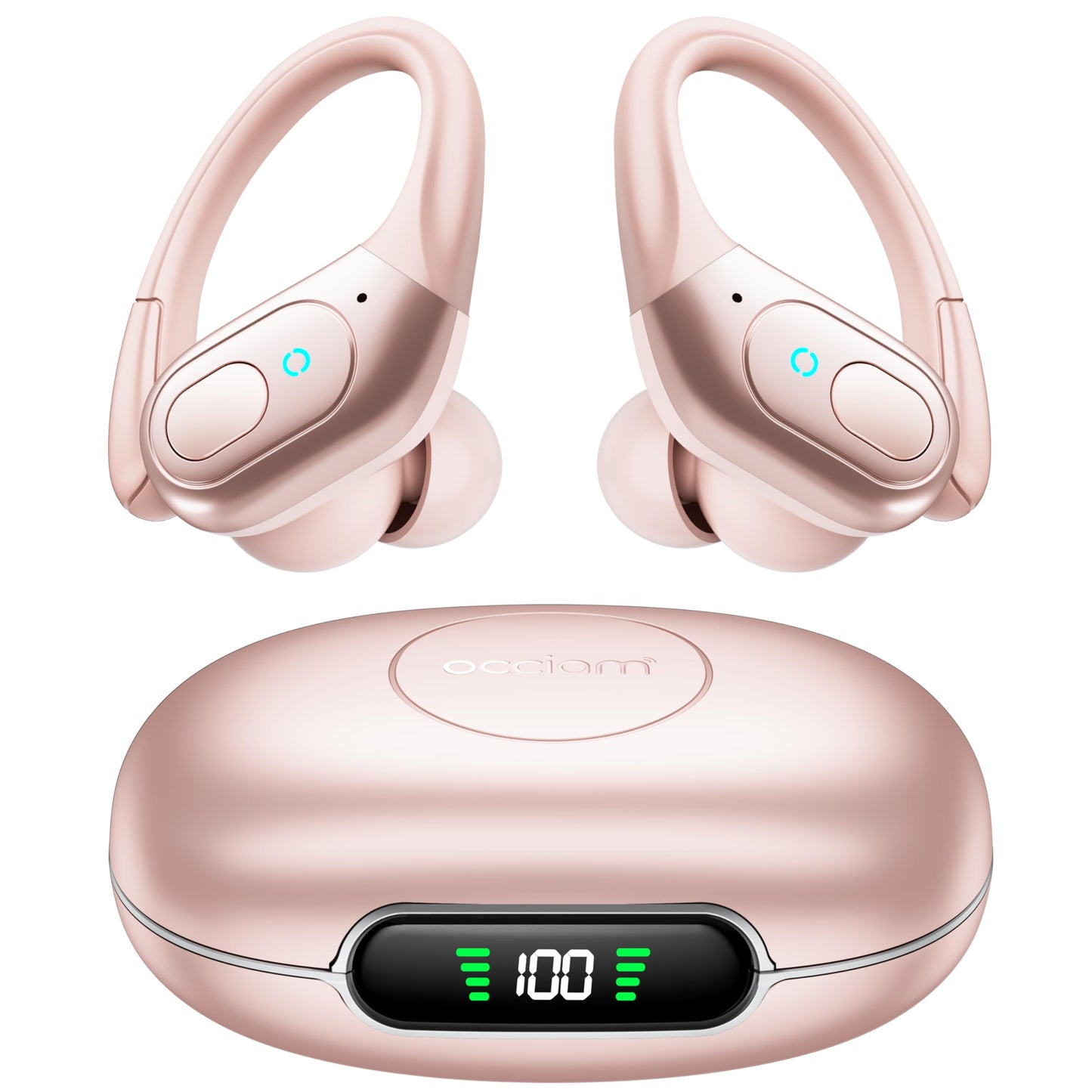 occiam Bluetooth Headphones Wireless Earbuds 90H Playback Sport Ear Buds with LED Display Charging Case in Ear Sweatproof Running Earphones with Earhook for Workout iOS Android Cellphone,Pale Pink