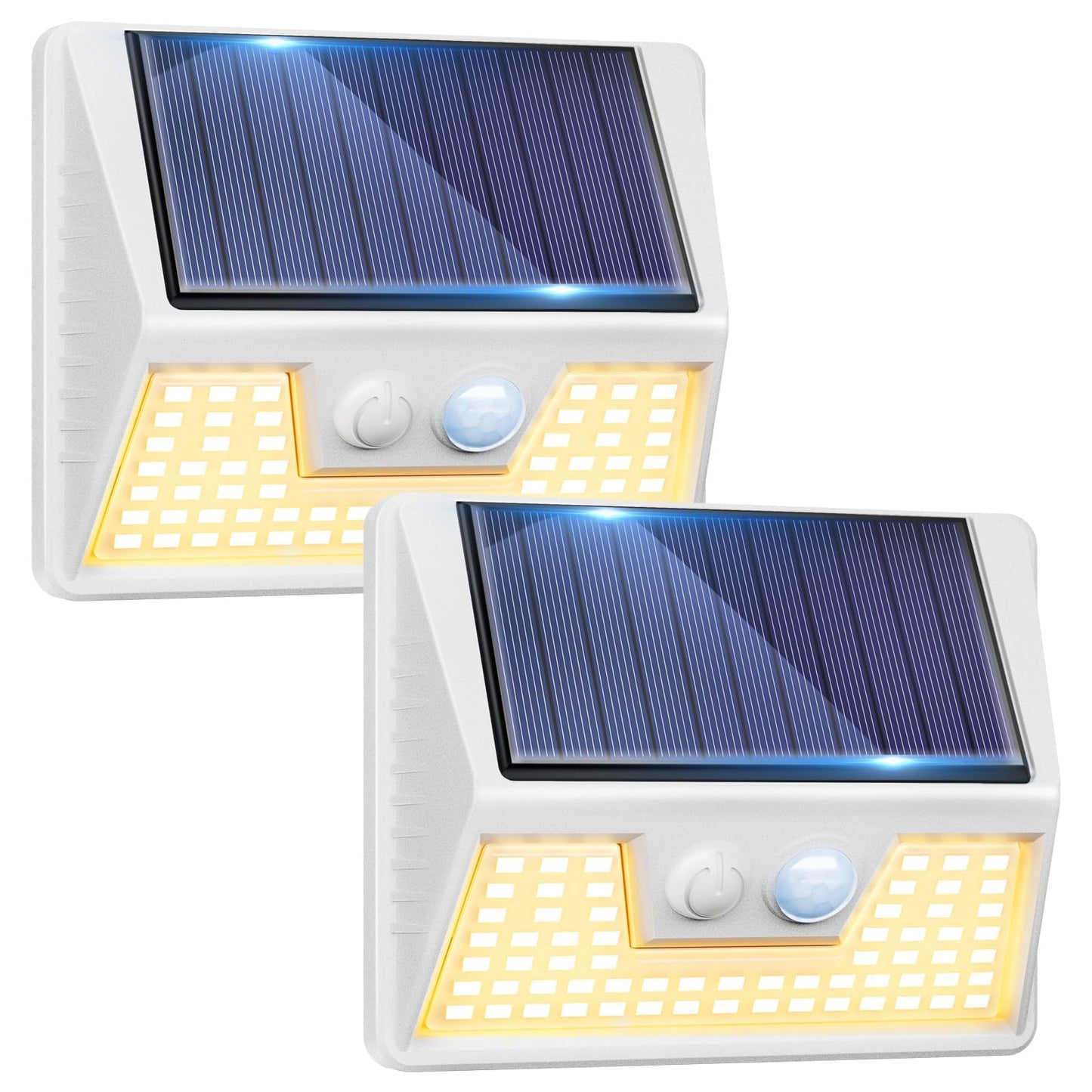 Lot de 2 lampes solaires d'extérieur à détecteur de mouvement, lampes de clôture étanches à énergie solaire avec 3 modes d'éclairage, lumières LED blanches douces pour mur extérieur, cour, terrasse, escaliers, jardin - Blanc