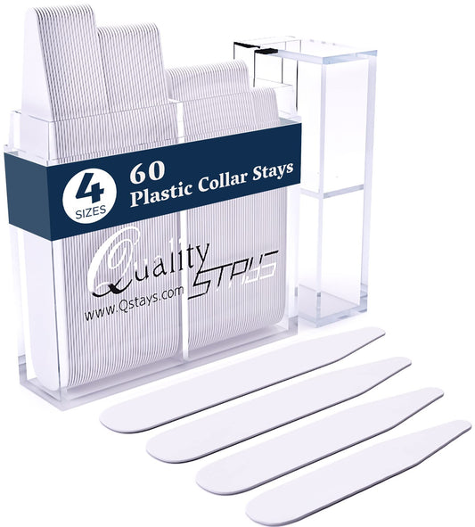 60 Plastic Collar Stays for Men's Dress Shirts with Storage Holder – 4 Assorted Sizes