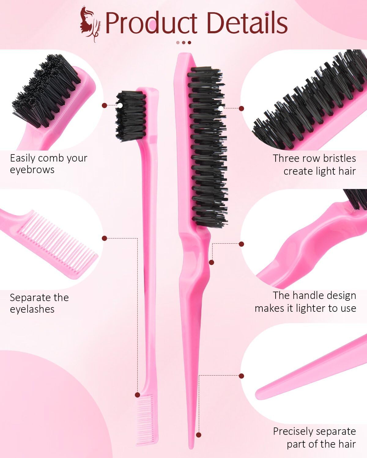 Hair Styling Tools Set 8 Pieces -4 Topsy hair Tail Tools 2 Rat Tail Combs, 1 Slick Back Hair Bristle Brush and 1 Edge Control Brush,Hair Pull Through Tools for Woman Girl Hair Styling. Pink Linmxiy