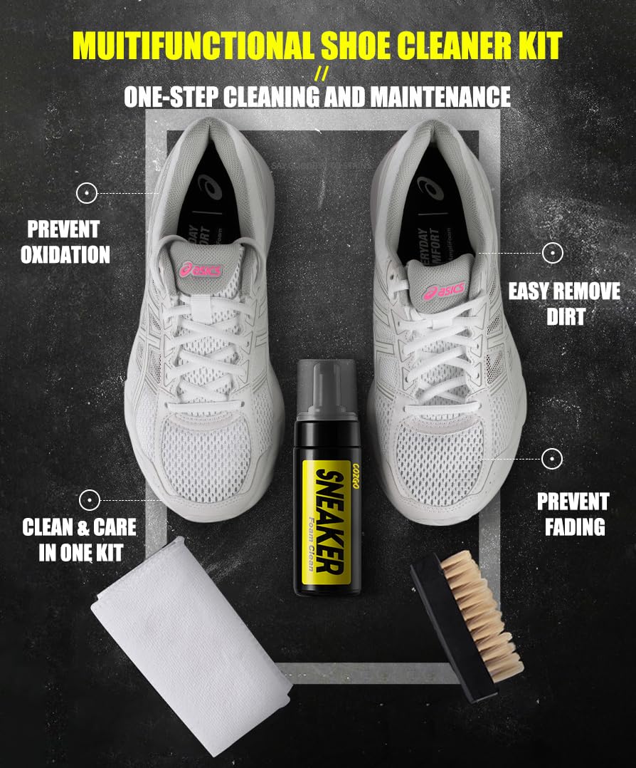 COZGO Shoe Cleaner Kit for Sneaker, Water-Free Foam Sneaker Cleaner 5.3Oz with Shoe Brush and Shoe Cloth,Work on White Shoe,Suede,Boot,Canvas,PU,Fabric,etc