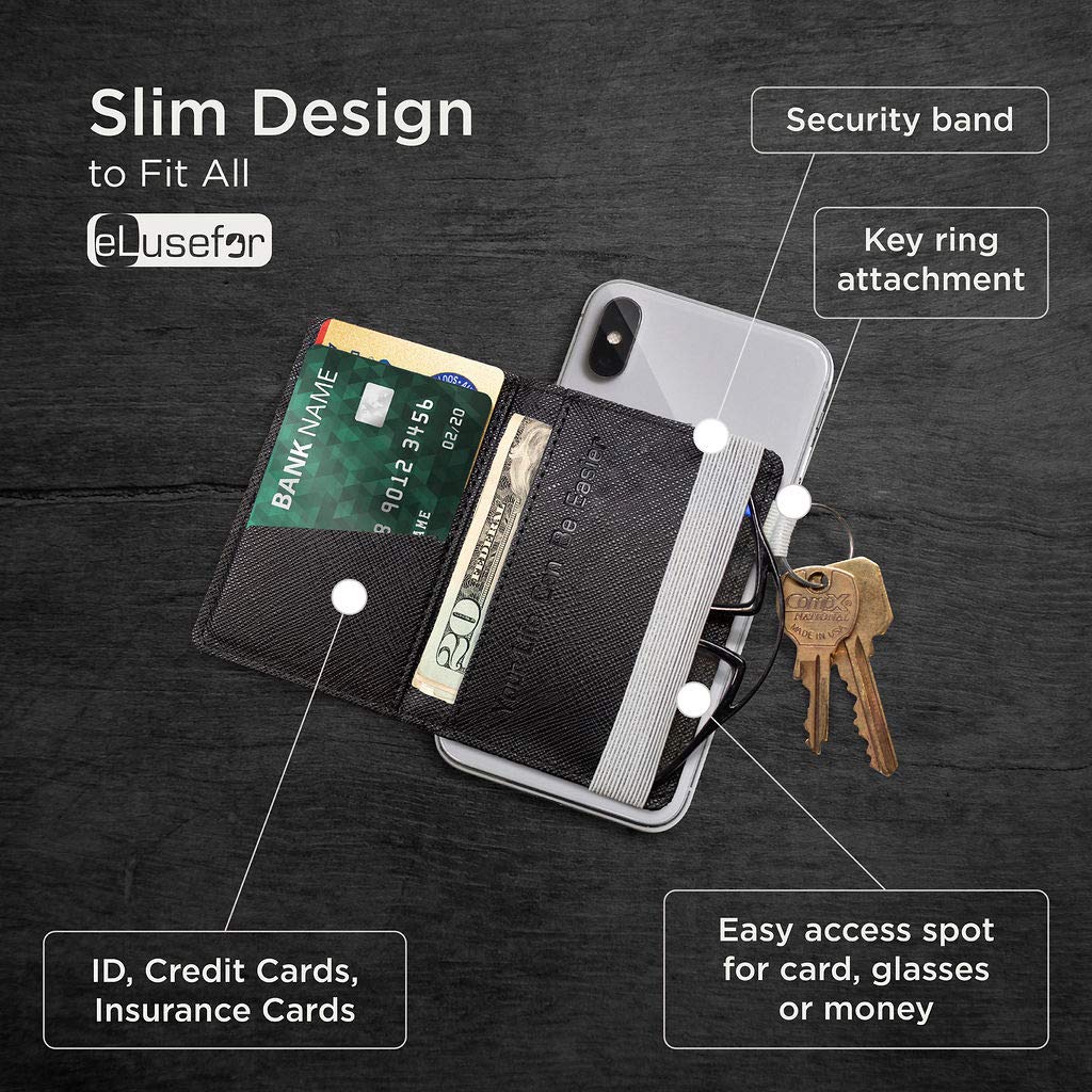 Stick-On Phone Wallet for Back of iPhone or Android Case | 6 Sleeve Credit Card Holder - Pocket for Cards, Money & ID - Built-in Stand - Waterproof Material - Travel, Work & Life-Proof - Black