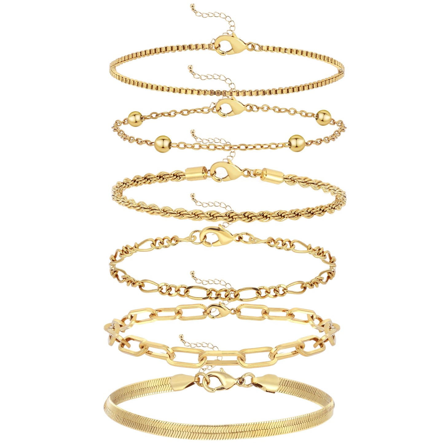 Wgoud Waterproof Gold Bracelets for Women Trendy, Dainty 14K Real Gold Plated Fashion Stackable Bracelet Sets for Women Thin Cuban Link Paperclip Chain Bracelets Layered Gold Jewelry Sets Gifts for Womens (6Pcs Gold Bracelet)