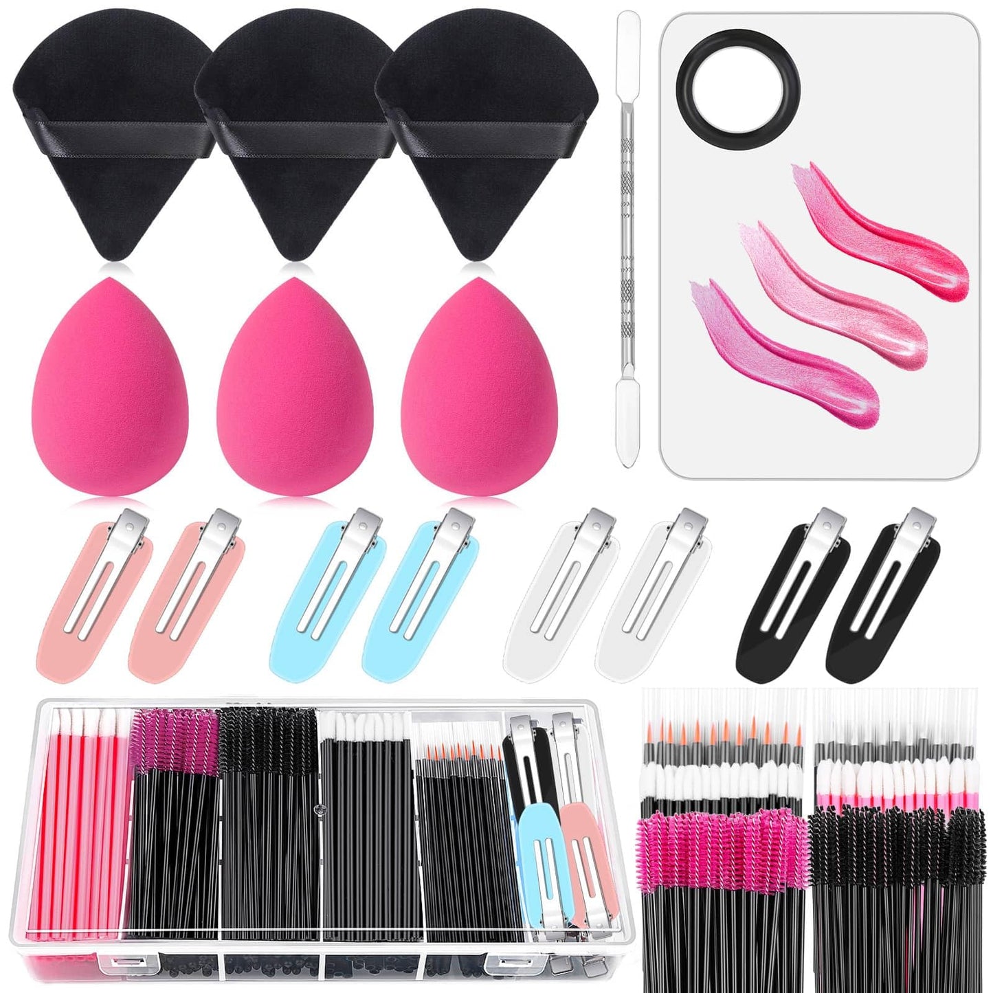 Disposable Makeup Applicators Kit with Mixing Palette Powder Puff Makeup Artist Tools Supplies Mascara Wands, Lip Brushes, Hair Clips Makeup Sponge for Face with Storage Box