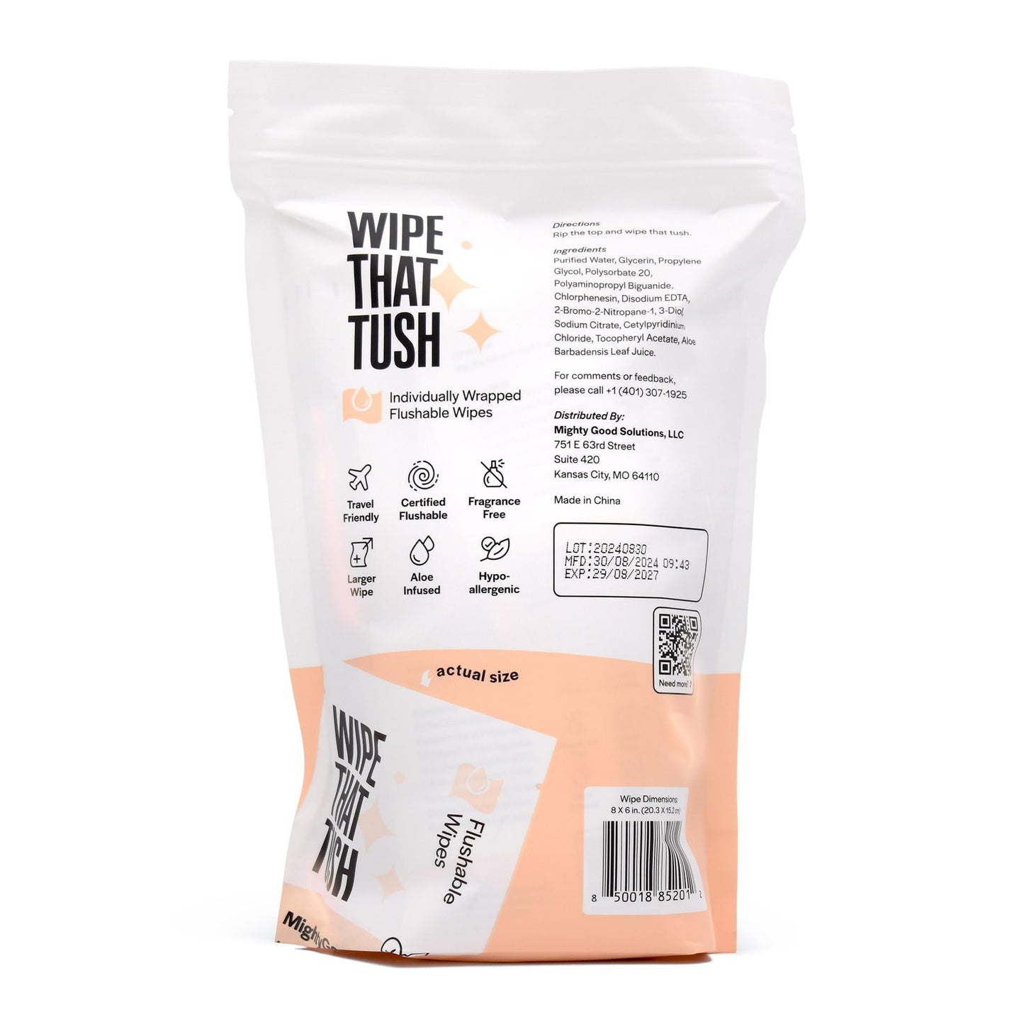 MightyGood. Wipe That Tush On-The-Go Flushable Wet Wipes - 1 Pack, 30 Wipes - Individually Wrapped Extra-Large Wipes with Aloe - Hypoallergenic & Unscented - Septic and Sewer Safe