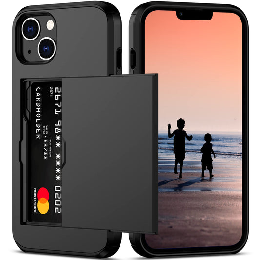 Nvollnoe for iPhone 14 Case with Card Holder Heavy Duty Protective Dual Layer Shockproof Hidden Card Slot Slim Wallet Case for iPhone 14 for Women&Men(Black)