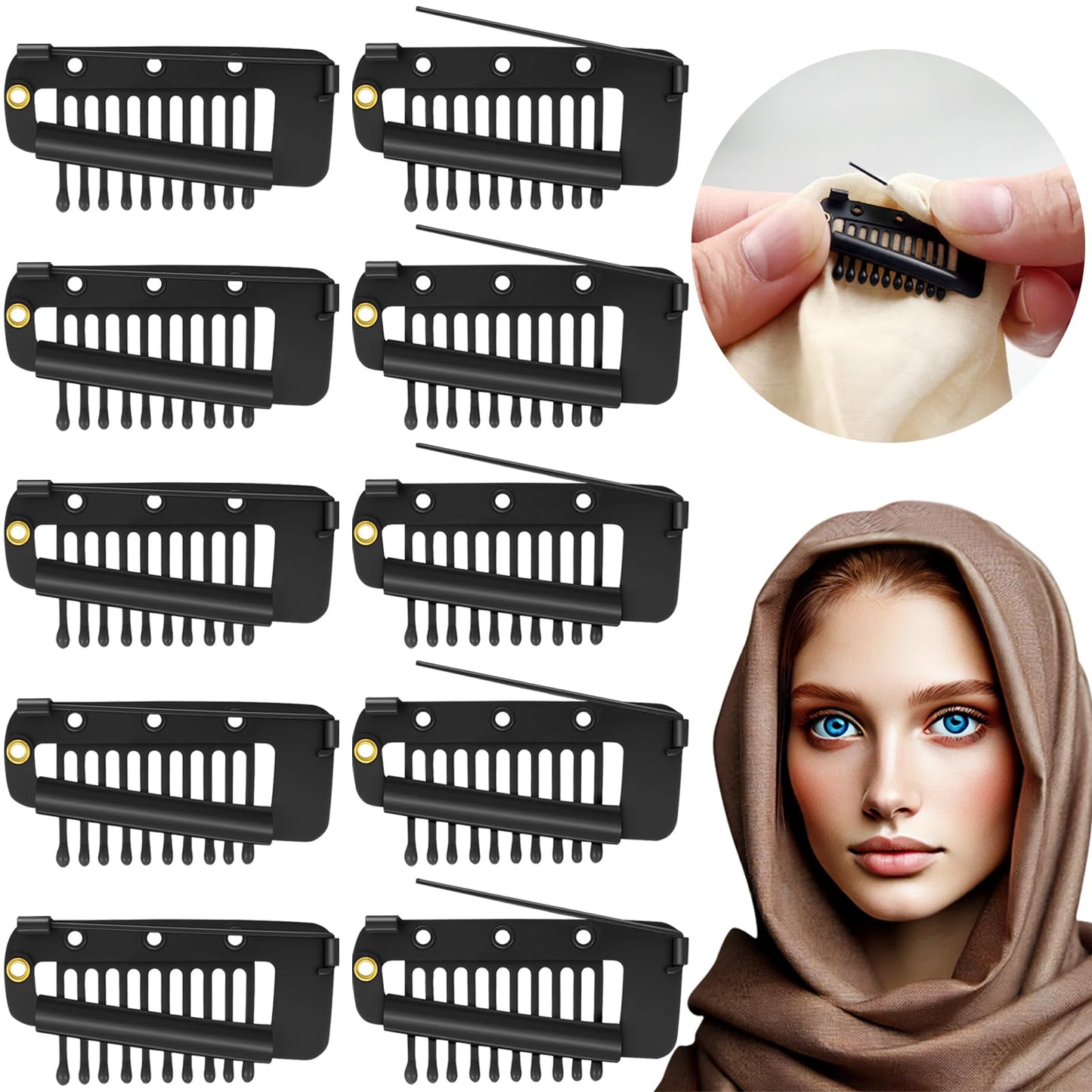 Jaasuee Lot de 10 pinces à cheveux avec épingle de sûreté pour fixer le dupatta, le turban, l'écharpe, le voile de mariage et la perruque - Pinces à foulard sécurisées avec dents pour un maintien fiable