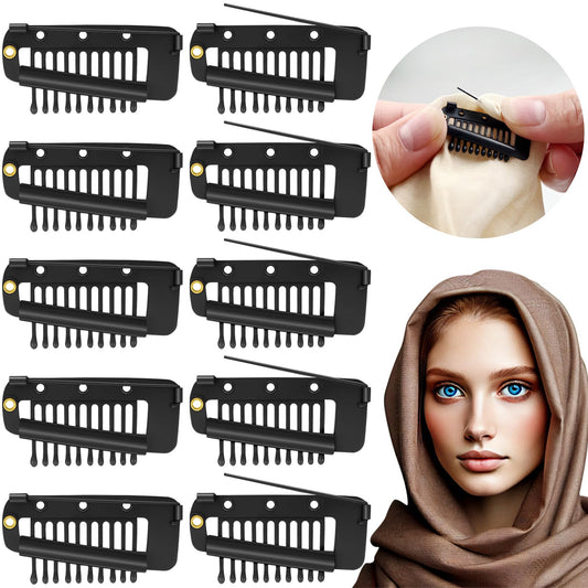 Jaasuee 10 Pcs Safety Pin Snap-Comb Hair Clips for Securing Dupatta, Turban, Scarf, Wedding Veil, and Wig Piece - Secure Headscarf Clips with Teeth for Reliable Hold