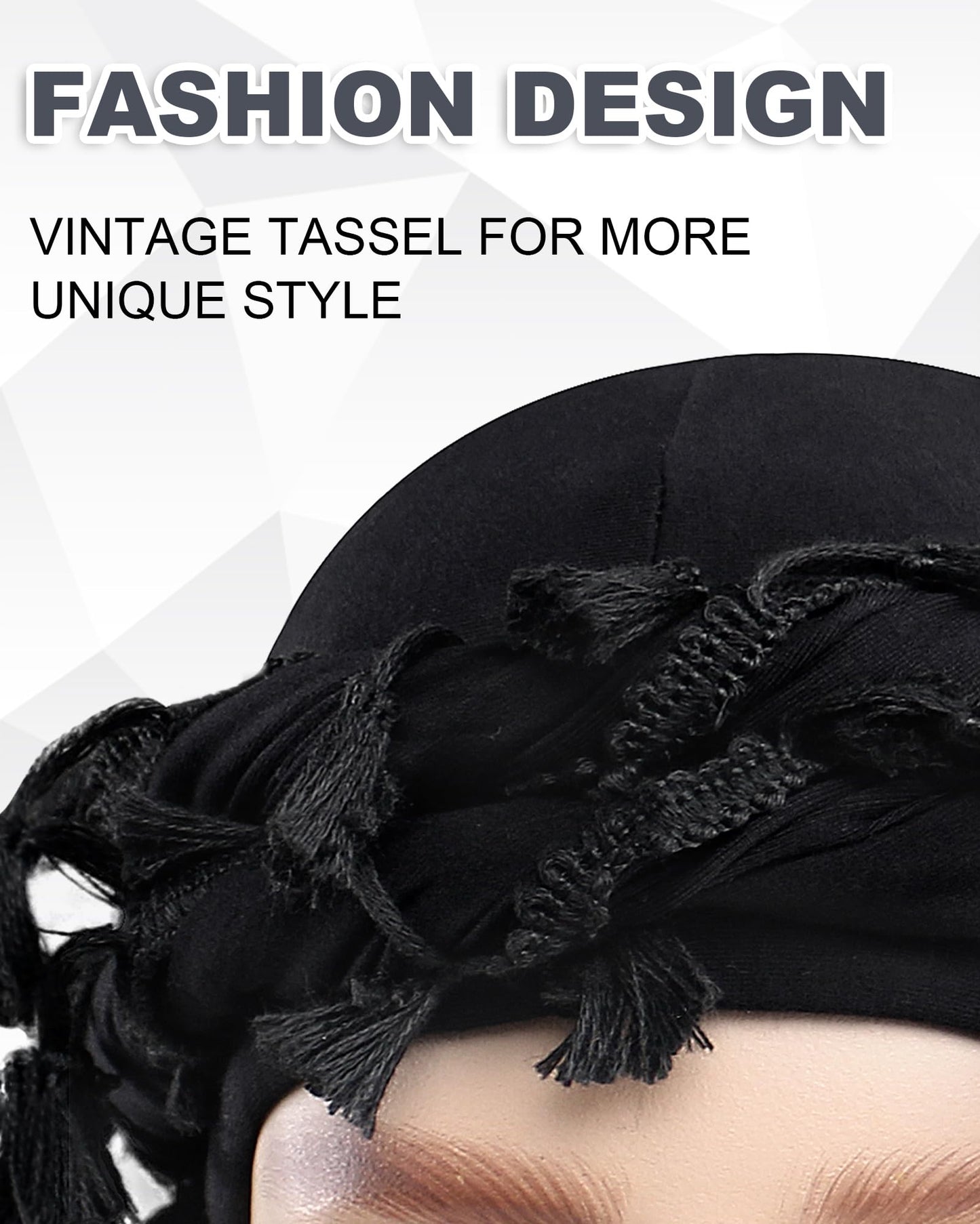 Babalet Halo Turban for Men Women Satin Lined Durag Head Wraps Scarf Skull Cap Pre-Tied Tassel Beanie Vintage Twist Sleeping Bonnet Headwraps Chemo Hair Loss Hat, Black