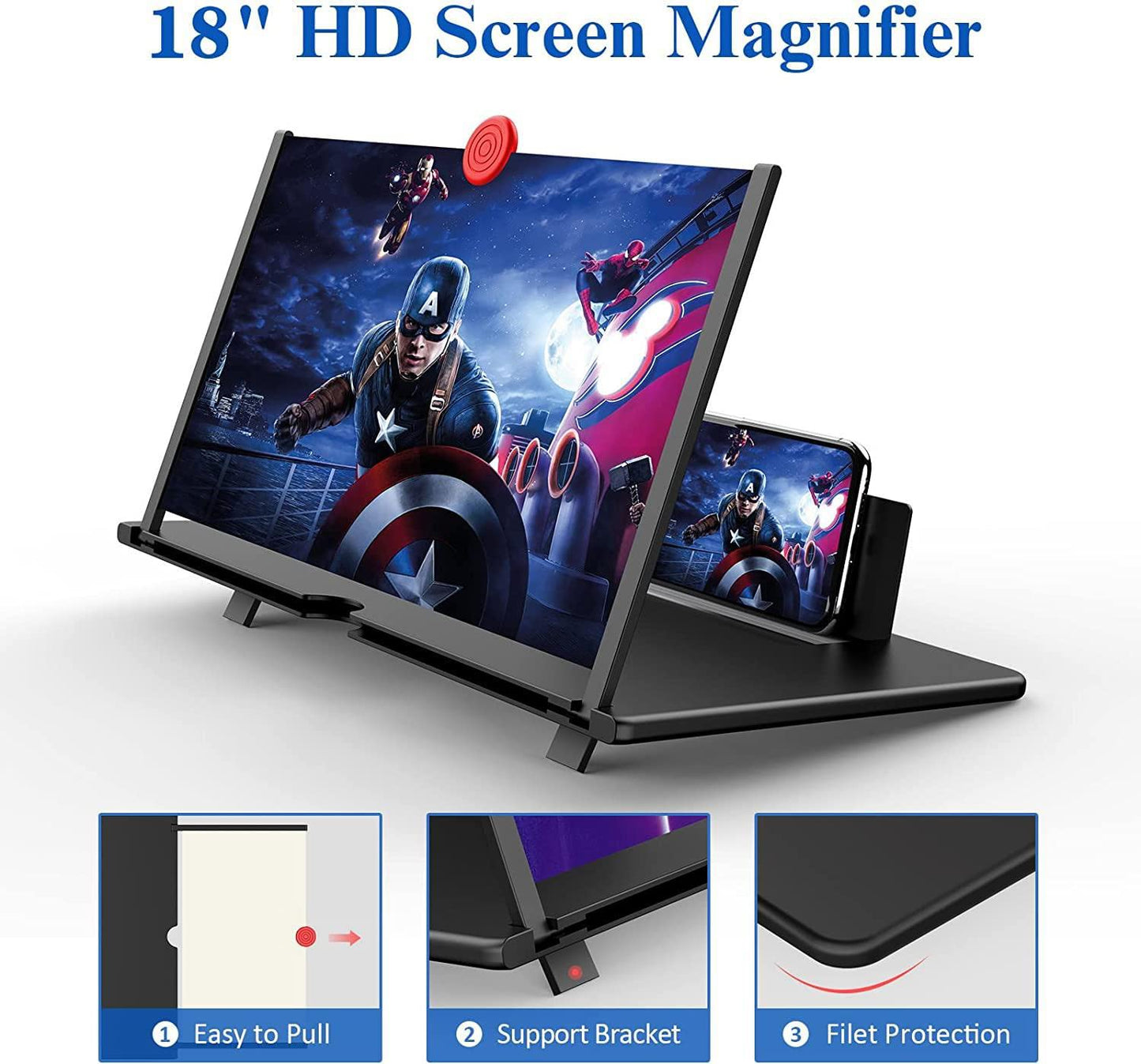 18" Screen Magnifier – 3D HD Cell Phone Magnifing Screen Enlarger Projector for Movies Videos and Gaming – Foldable Phone Stand Holder with Screen Amplifier Compatible with All Smartphones