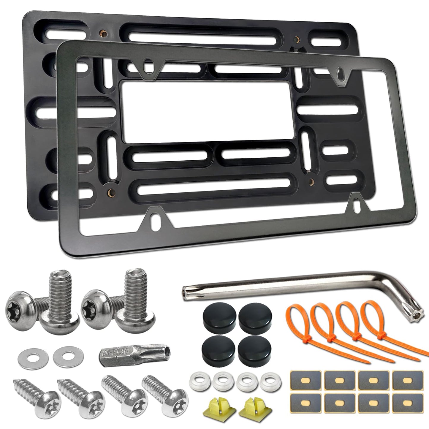 Aootf Front License Plate Bracket- Universal Bumper Mounting Kit, Car Tag Holder Adapter & Black Aluminum Plate Cover, Anti-Theft Lock Screw Bolt Caps, For US Vehicle Trailer Truck