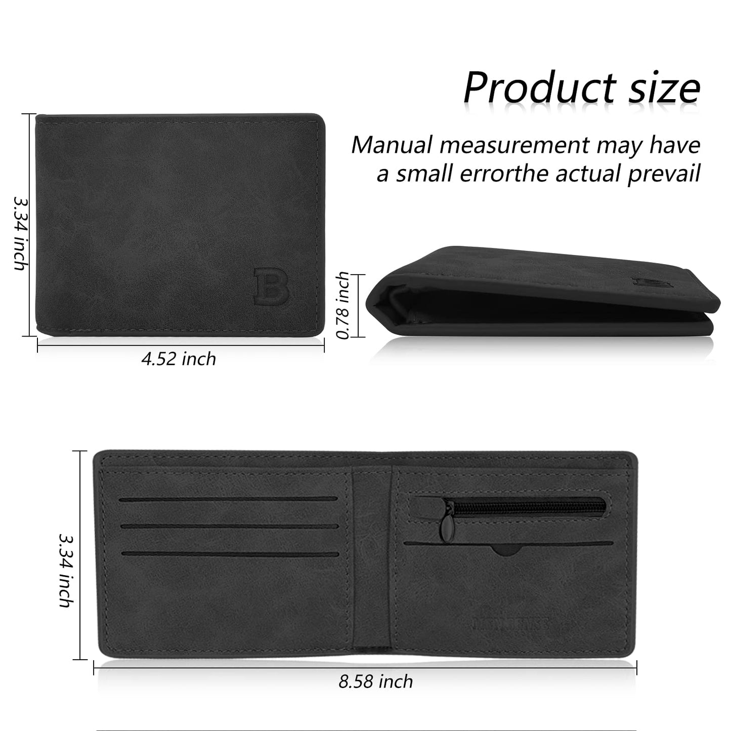 WisePoint Slim Wallet for Men, PU Leather Wallet with 8 Slots, Bifold Credit Card Holder Wallet with Zipped Coin Pocket (black)