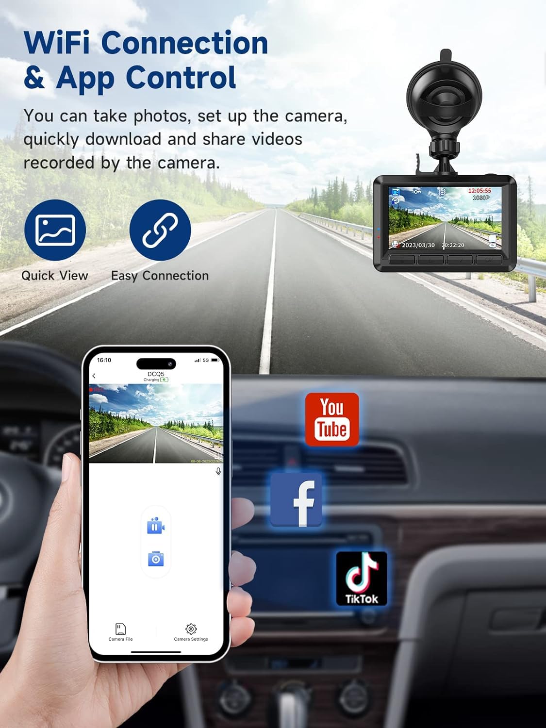 Dash Cam, FHD 1080P WiFi Dash Camera for Cars, 2.45 inch IPS Screen, 2 Mounting Ways, Night Vision, G-Sensor Lock, Loop Recording, Parking Monitor, WDR