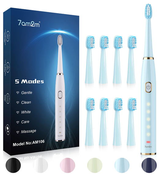 7AM2M Sonic Electric Toothbrush for Adults and Kids- High Power Rechargeable Toothbrushes with 8 Brush Heads,5 Adjustable Modes, Built-in 2-Minute Smart Timer,4 Hours Fast Charge for 30Days (Blue)