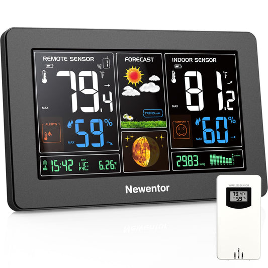 Estación meteorológica inalámbrica Newentor para interiores y exteriores, termómetro digital con pantalla a color, reloj atómico, presión barométrica, estación de pronóstico con luz de fondo ajustable, color negro