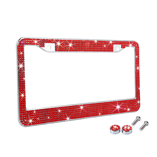 TZARROT Cadres de plaque d'immatriculation en strass rouge pour femmes, couverture de plaque d'immatriculation en métal antirouille, accessoires de voiture Bling pour femmes et filles