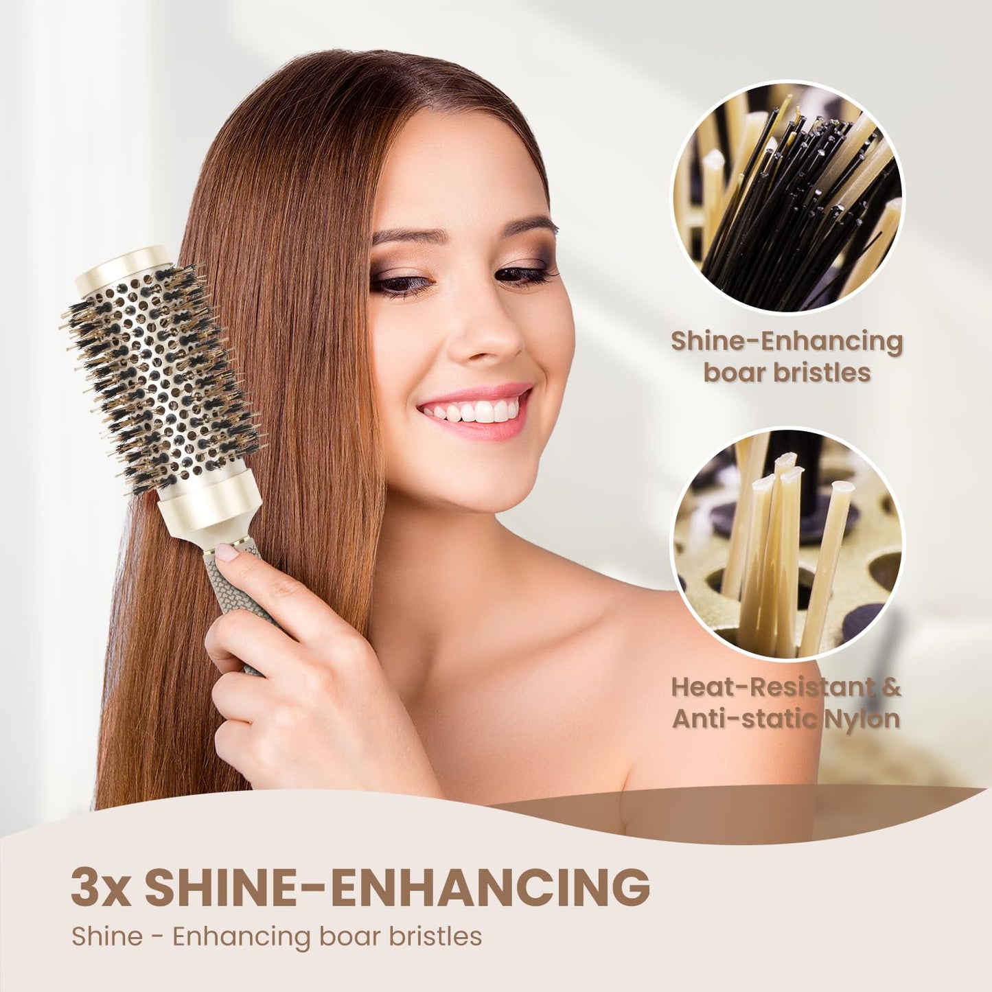 AIMIKE Round Brush, Nano Thermal Ceramic & Ionic Tech Hair Brush, Round Barrel Brush with Boar Bristles for Blow Drying, Styling, Curling, Add Volume & Shine (2.9 inch, Barrel 1.7 inch) + 4 Clips