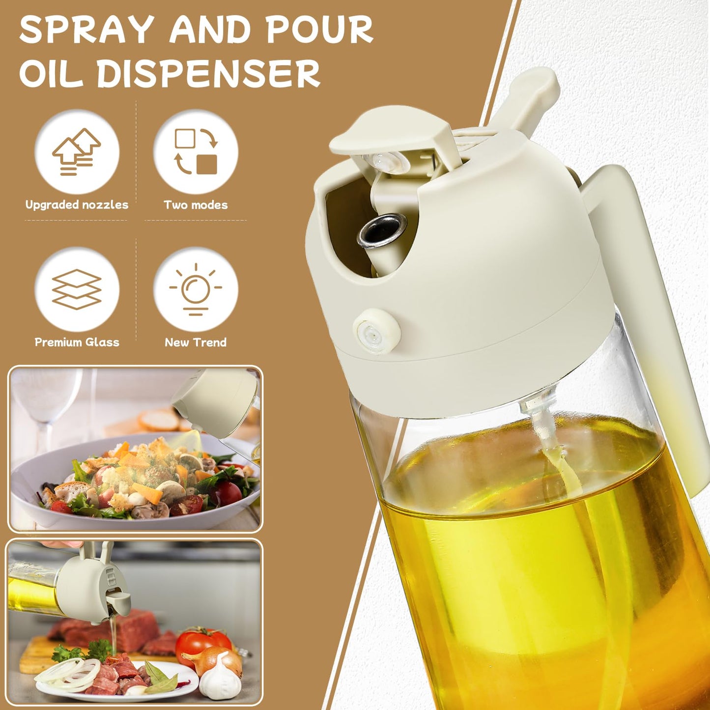 Oil Sprayer for Cooking 2pcs,2 in 1 Oil Dispenser and Oil Sprayer Kitchen Gadgets-16oz Glass Oil Spray Bottle,Mist Olive Oil Dispenser for Kitchen,Air Fryer,Salad, Grill (White Kitchen Accessories)