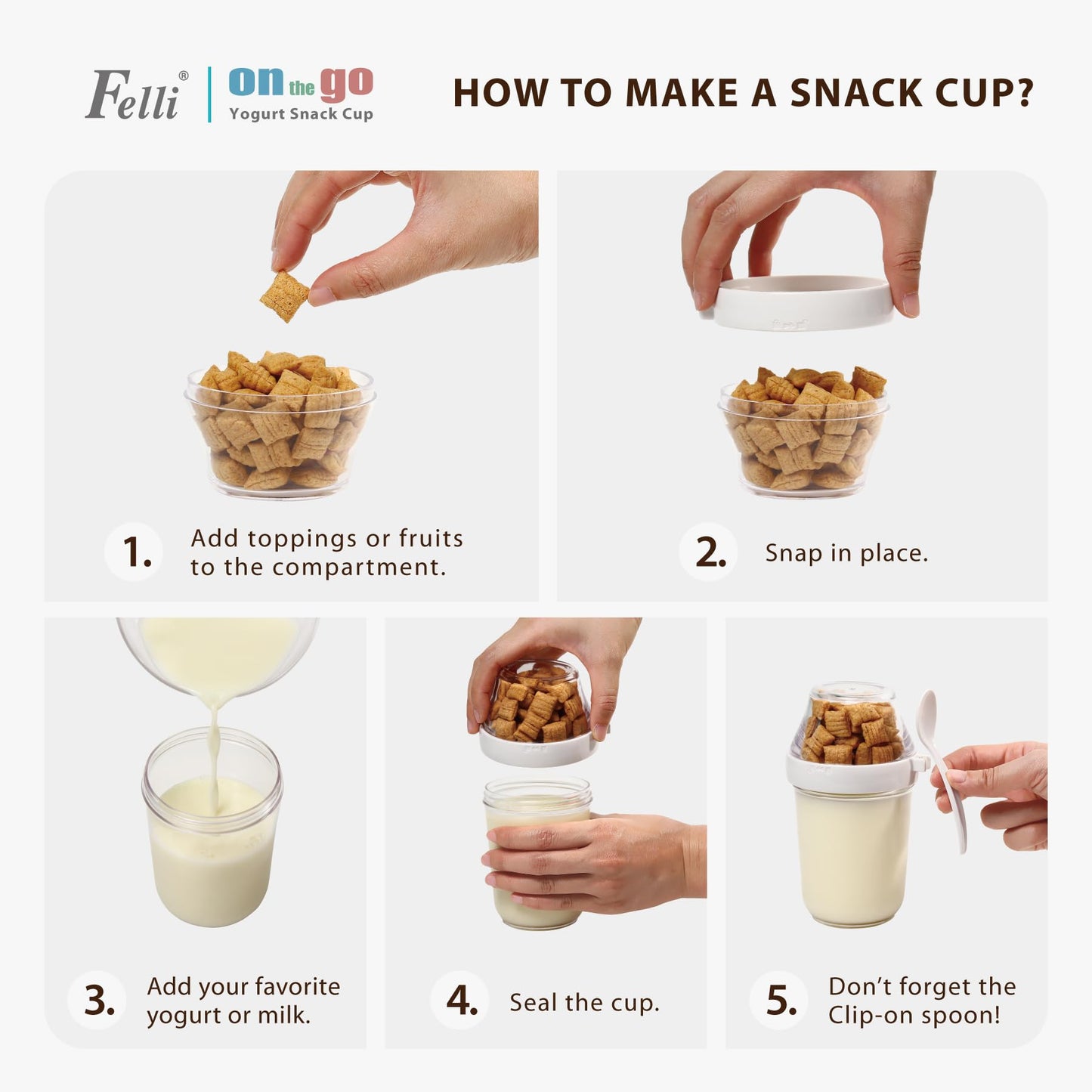 Vaso para merienda con parfait de yogur Felli On the Go con tapa, 100 % a prueba de fugas, cuchara de viaje, soporte para granola, recipiente para avena nocturna, fruta, desayuno para llevar, frasco para senderismo (2, blanco)