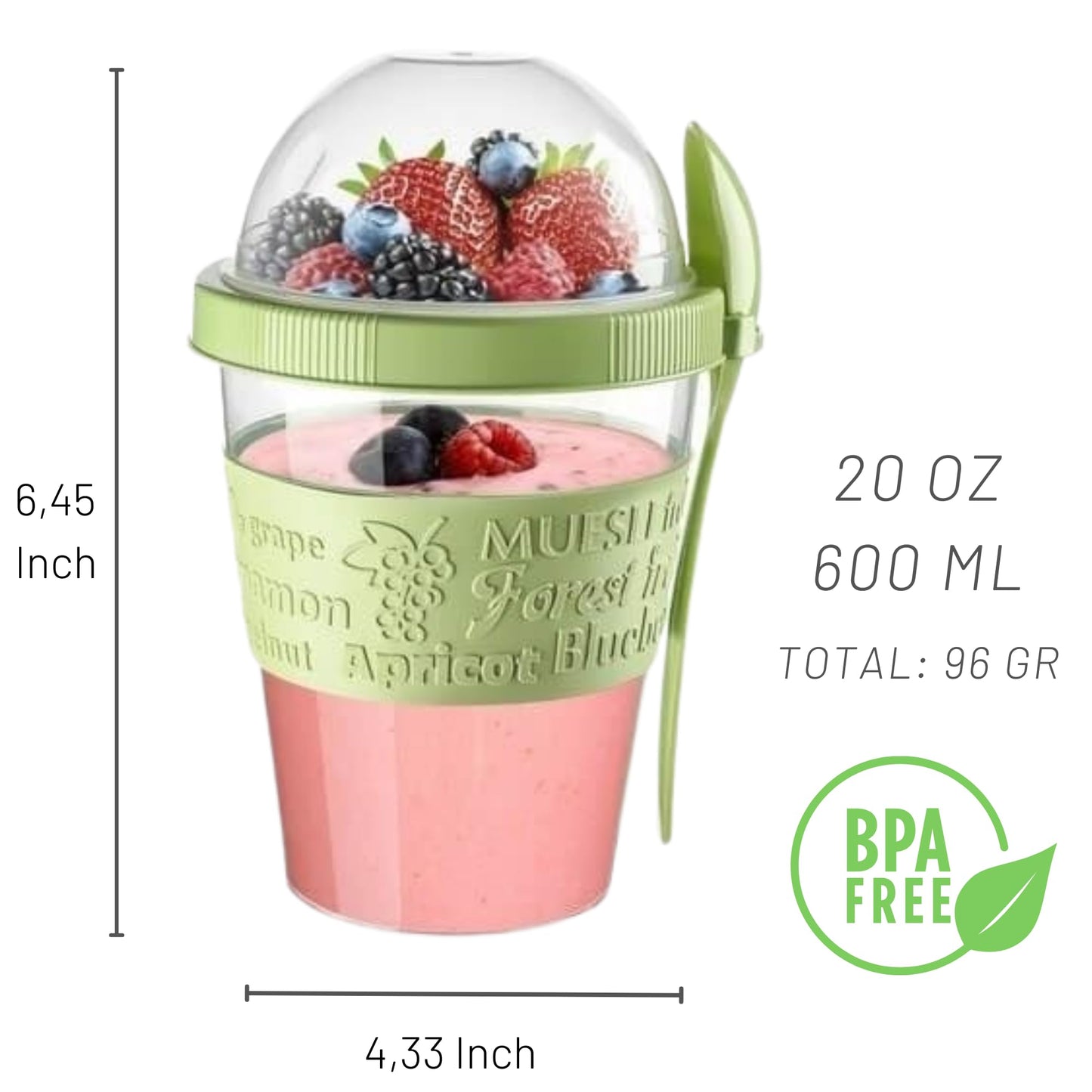 Fairway Finds Paquete de 4 vasos de parfait de yogur de 20 oz con tapa Vaso reutilizable para cereales Vaso portátil para planificar comidas Contenedor para llevar de leche, granola y yogur Cereales para llevar Tapas y cucharas