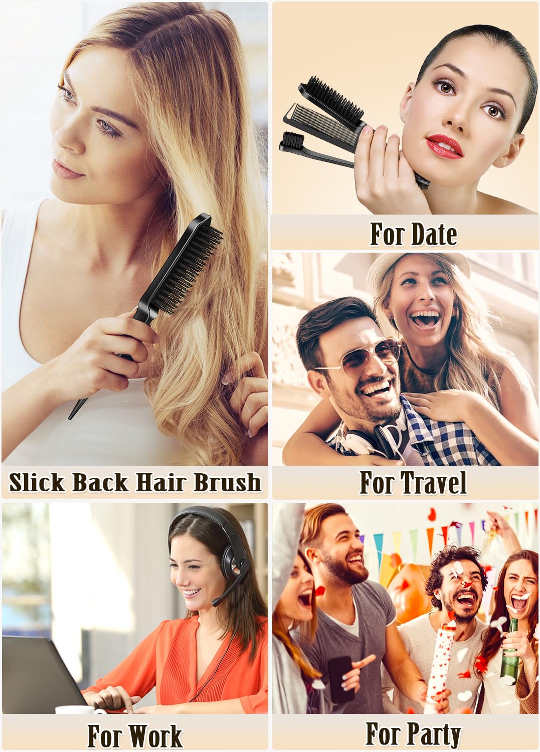 Slick Back Hair Brush Set: Hair Wax, Edge Brush, Rat Tail Comb, Bristle Brush, Hair Bun Accessories, Smoothing Brush for Women & Kids