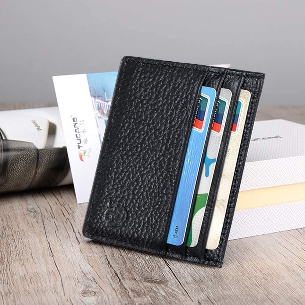 URAQT Credit Card Holder Wallet, RFID Blocking Leather Ultra Slim Wallet, Thin Minimalist Credit Card Case Card Protector, Front Pocket Wallets for Men, Women - 6 Card Slots and 1 Pockets (Black)