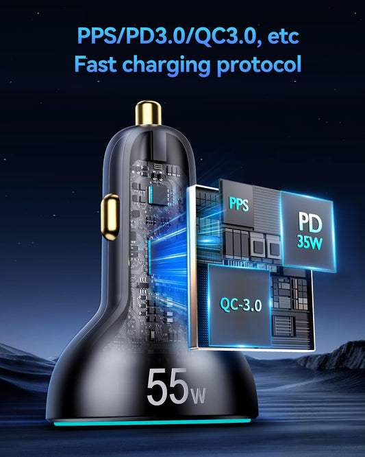 Rocoren 55W 4-Port Car Charger, PD3.0 QC3.0 Super Fast Charging USB C Car Charger Adapter for Multiple Devices, Cigarette Lighter USB Type C Car Charger for iPhone 16/15, iPad Pro, Samsung S24, Pixel