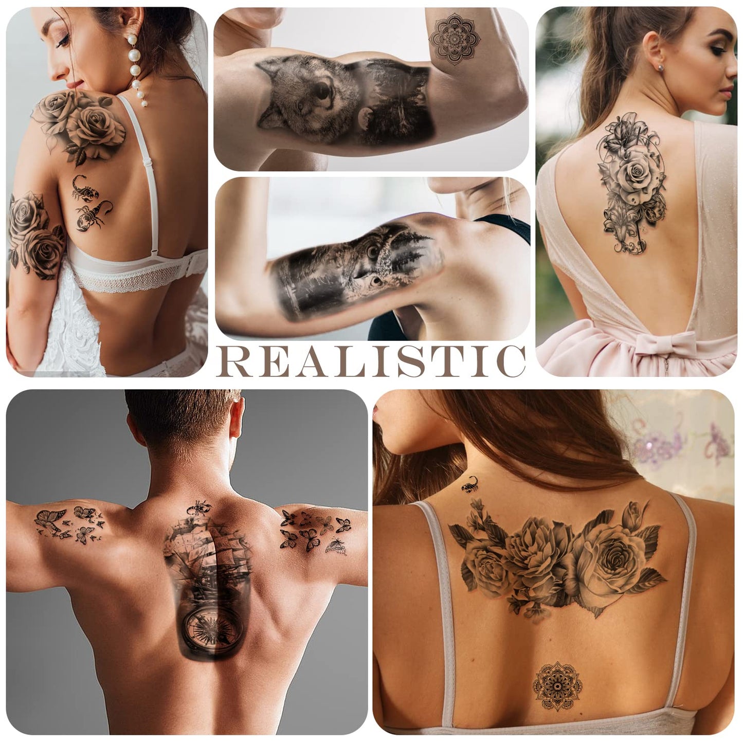 77 feuilles de tatouage temporaire, demi-bras réaliste lion loup hibou élan serpent papillon rose faux tatouages ​​pour filles garçons, tatouages ​​temporaires imperméables pour femmes hommes adultes poitrine épaule cou main