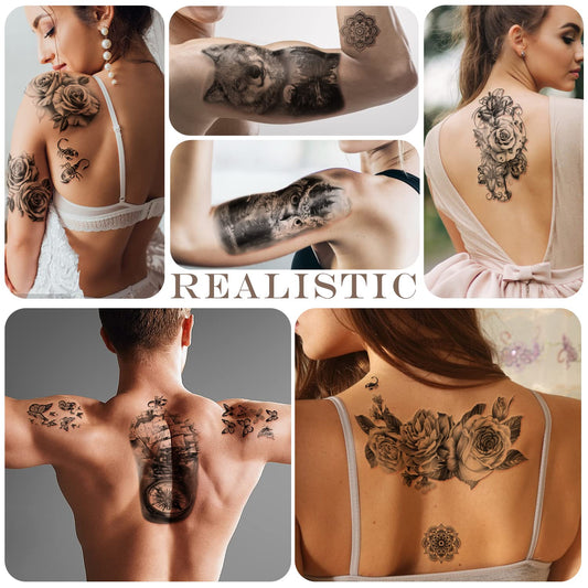 77 Sheets Temporary Tattoo, Half Arm Realistic Lion Wolf Owl Elk Snake Butterfly Rose Fake Tattoos for Girls Boys, Waterproof Temporary Tattoos for Women Men Adults Chest Shoulder Neck Hand