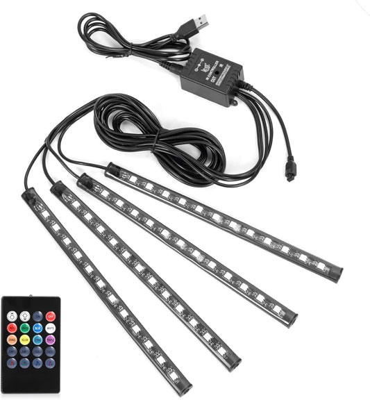 Bande lumineuse LED de Noël pour voiture, 4 pièces, 48 ​​lumières intérieures à LED, bande lumineuse musicale multicolore pour voiture, kit d'éclairage sous le tableau de bord avec fonction sonore active et télécommande, DC 5 V