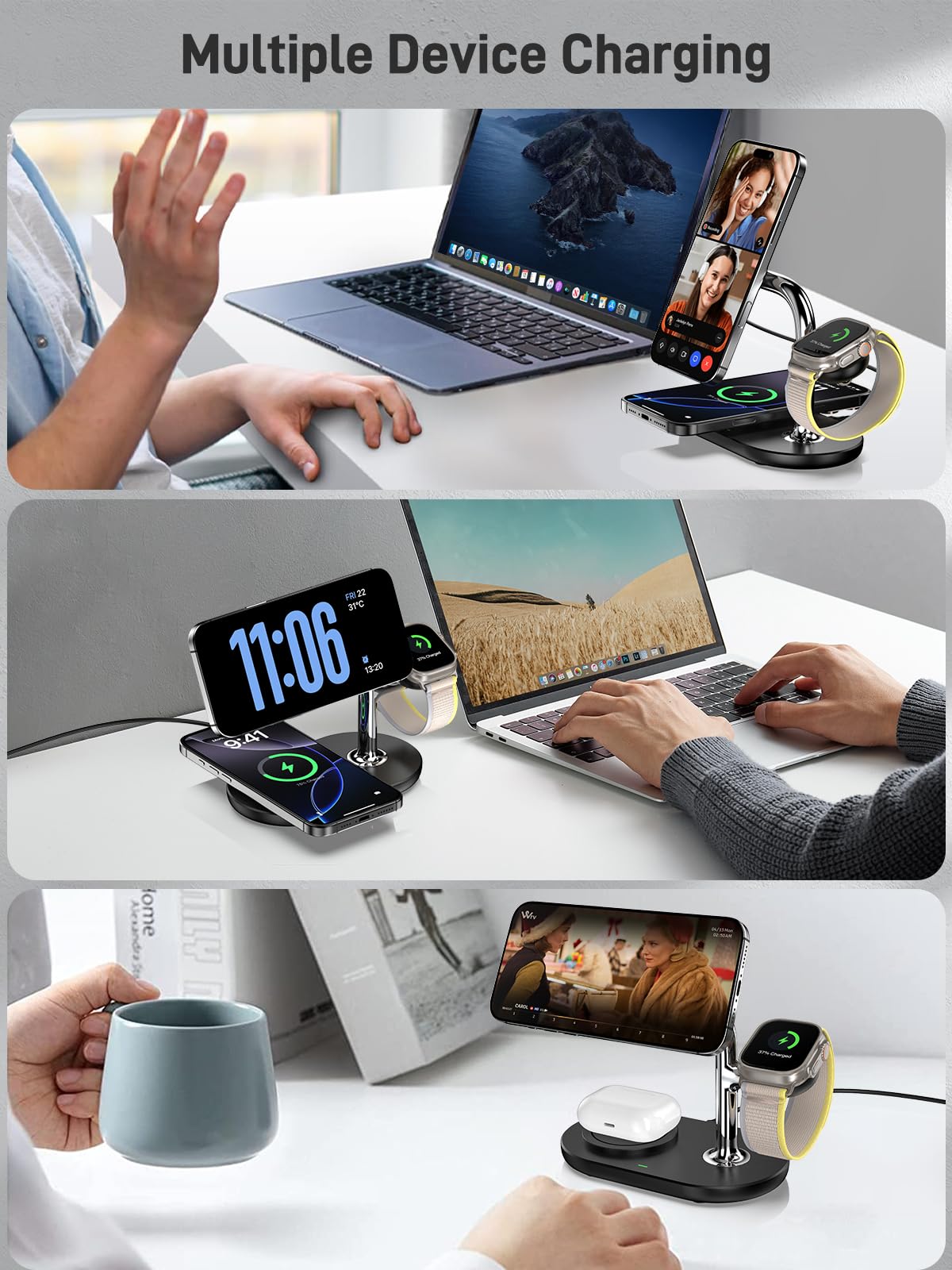 Wireless Charging Station for Mag-Safe Charger 3 in 1 for iPhone 16/15/14/13/12 Series, Airpods Pro 2, iWatch Series 10/9/8/7, Magnetic Charging Station for Multiple Devices Apple