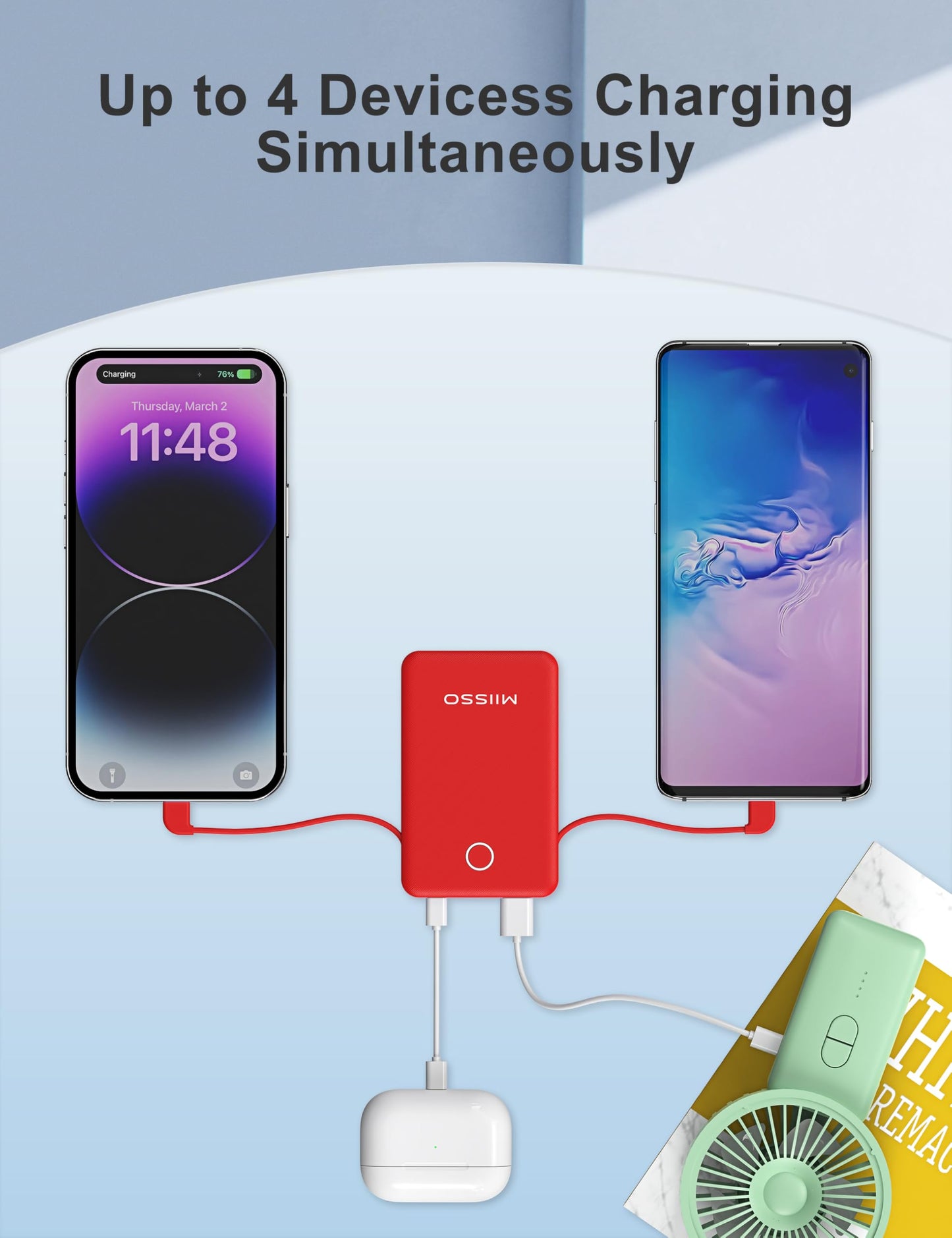 6000mah Ultra Slim Built in Cables Power Bank, Card Size Built in USB C Cords Battery Pack Portable Charger for Phones, 3 Output External Battery Pack Compatible with iPhone, Samsung, Google, Red